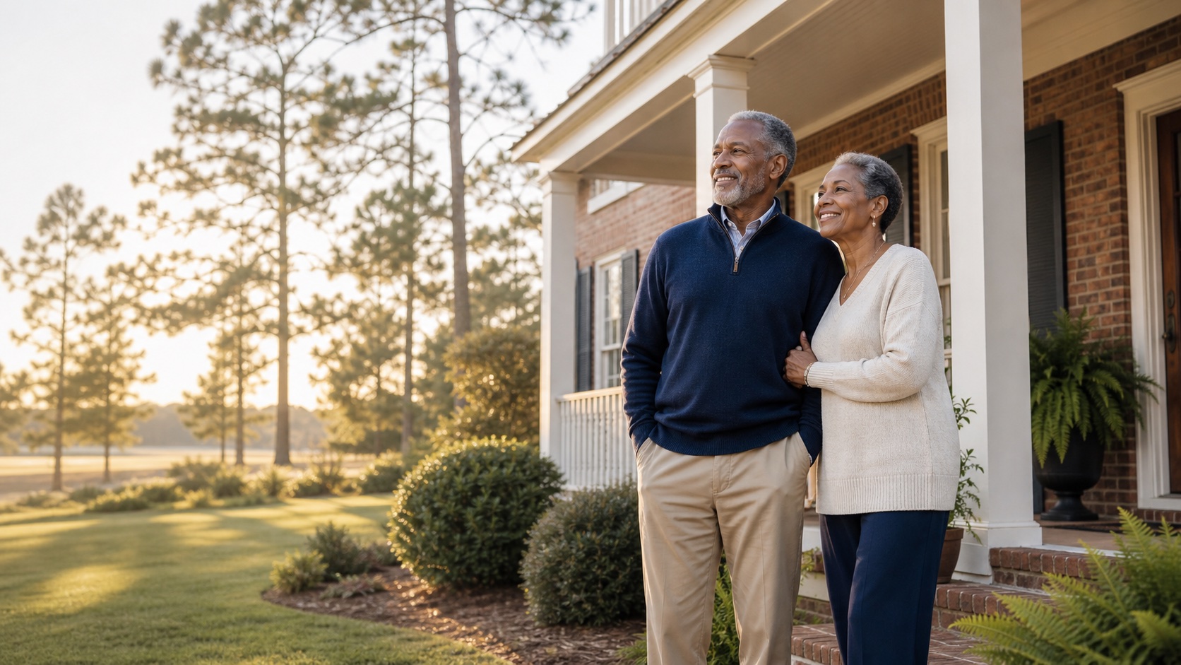Older homeowners outside a brick home in Augusta, Georgia
